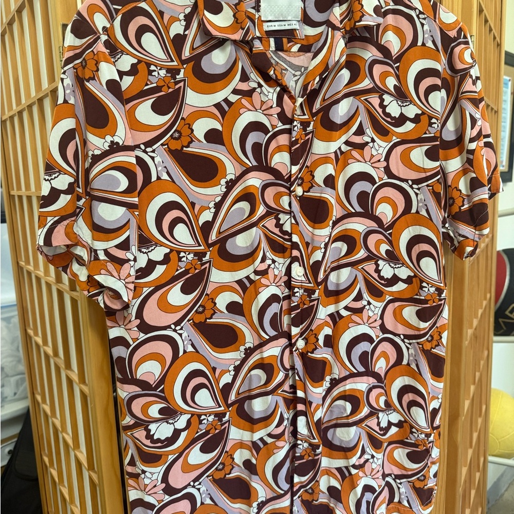 Denim & Flower Swirl Design Shirt in Pink and Brown